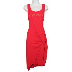 BEBE Studded Red Dress Twist Sleeveless Ribbed Stretchy Asymmetrical Dress Large